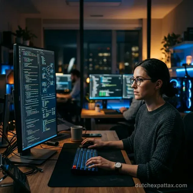 Software engineer reviewing complex code on a vertical monitor