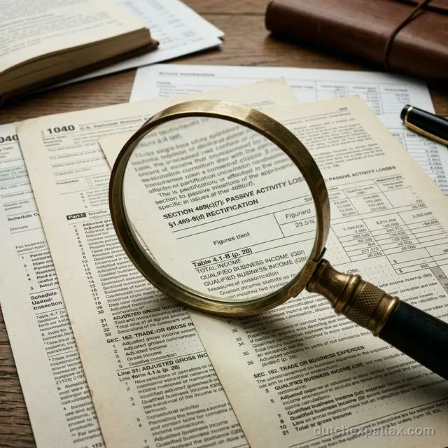 Brass magnifying glass auditing complex tax code and data tables