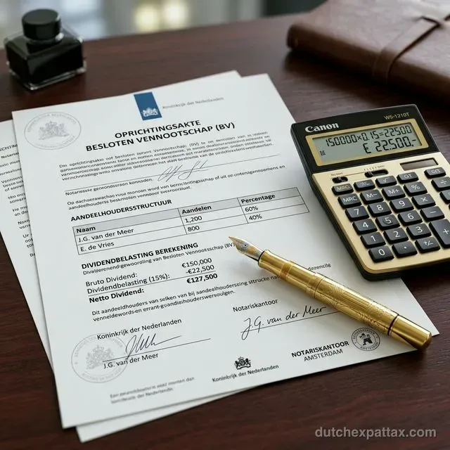 Close-up of official Dutch BV incorporation documents, a gold fountain pen, and a sleek calculator showing corporate dividend tax calculations
