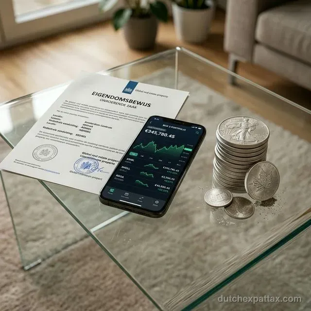 Close-up of global real estate property deeds, a stock market trading app, and a silver coin stack representing Box 3 assets