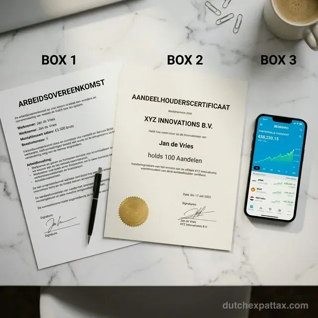 Conceptual diagram illustrating the Dutch three-box tax system for income, business interests, and wealth