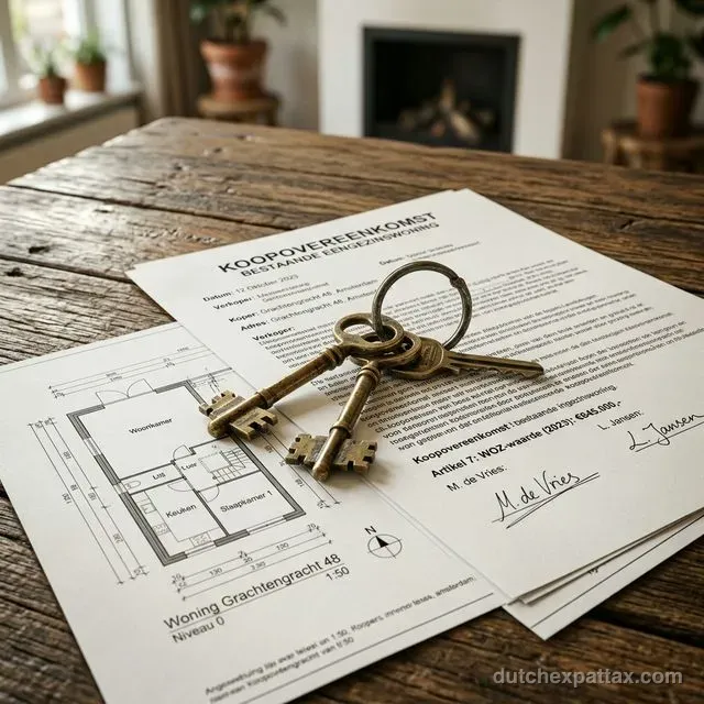 Close-up of antique house keys resting on top of a Dutch Koopovereenkomst (purchase agreement) and an architectural floor plan