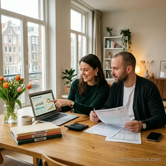 Young professional couple reviewing tax documents and financial graphs on a laptop in a bright Dutch apartment