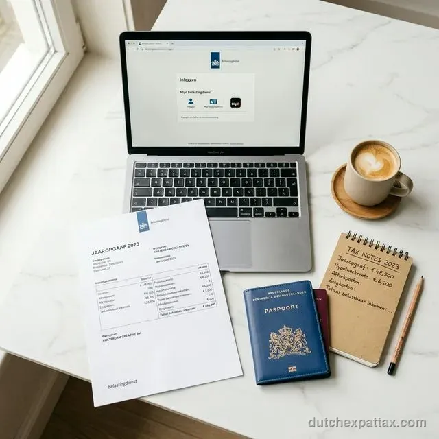 Overhead flat-lay of Dutch jaaropgaaf document, laptop showing Belastingdienst portal, coffee cup, and Dutch passport on marble desk