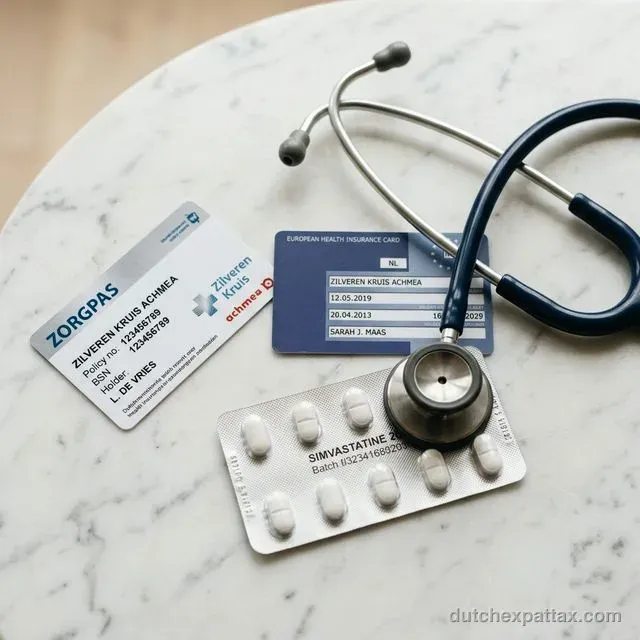 Dutch Zorgpas health insurance card, European Health Insurance Card, stethoscope, and prescription medication on white marble surface