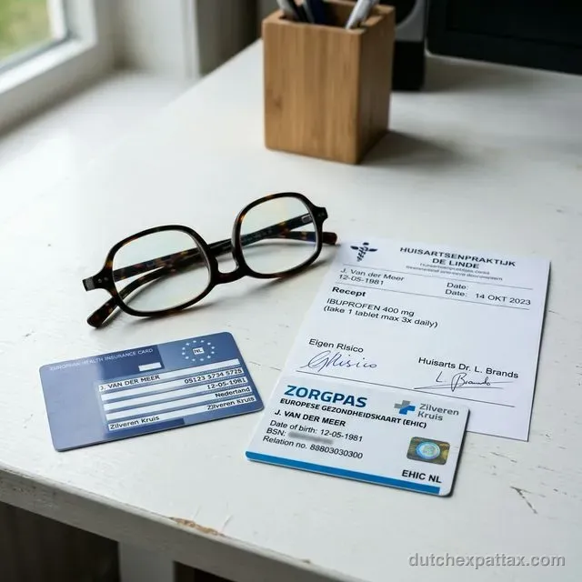 Close-up of a blue European Health Insurance Card (EHIC), a Dutch Zorgpas, and a doctor's prescription