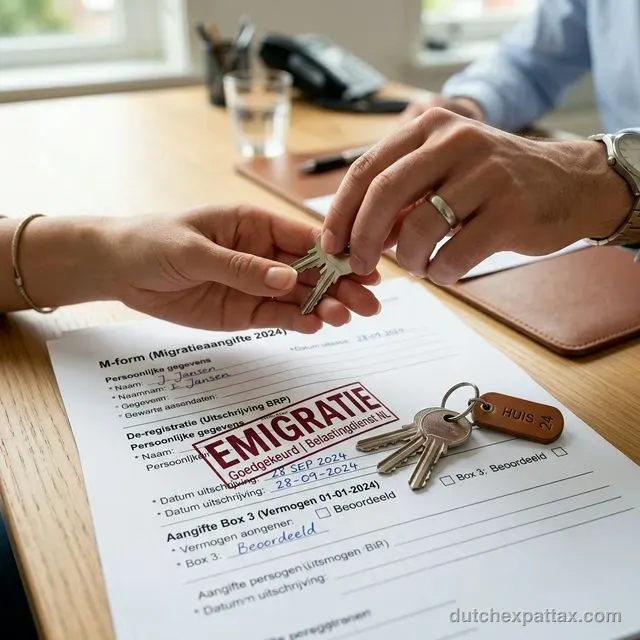 An official M-form with Emigratie stamp and a set of house keys