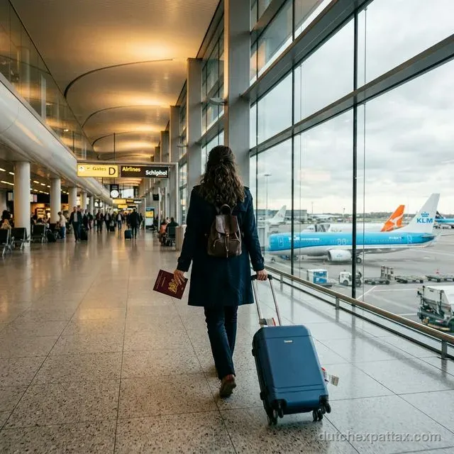 Expat traveler walking through Schiphol airport departure terminal with suitcase and passport, KLM airplane visible through windows