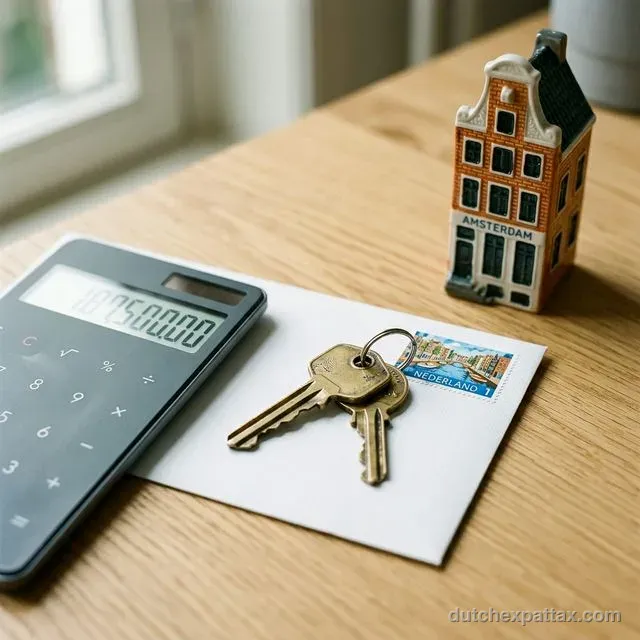 Brass house keys on a white envelope with Dutch postage stamp, a calculator, and a miniature Amsterdam canal house on an oak desk