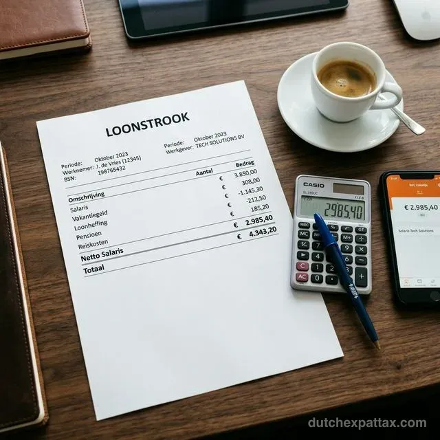 Overhead view of a Dutch loonstrook payslip on a walnut desk with calculator, coffee, and banking app on smartphone