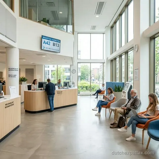Modern Dutch SVB/UWV social services office interior with queue display and waiting area