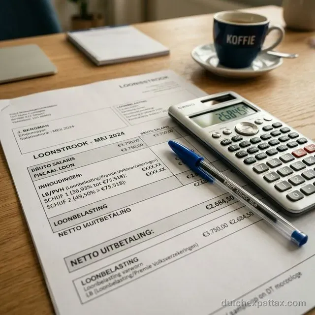 Close-up of official Dutch payroll documents and a sleek silver calculator showing progressive tax bracket deductions with a blue pen