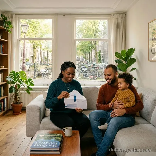 Young diverse family in a bright Dutch row house opening an official government letter, canal visible through window
