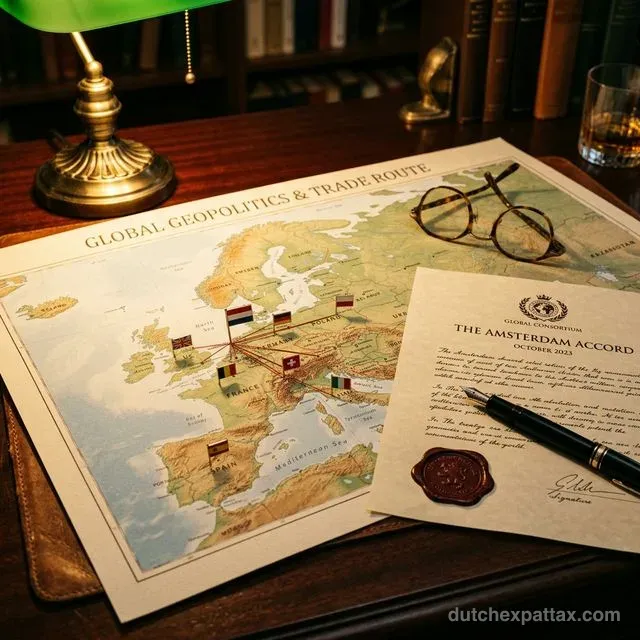 European map with flag pins on the Netherlands and treaty partner countries, formal treaty document with wax seal, and reading glasses on a mahogany desk