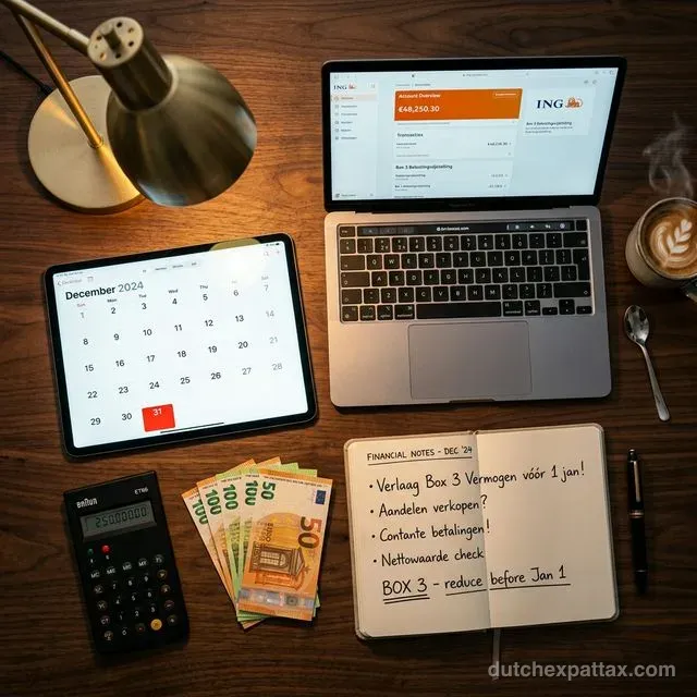 Flat-lay of dark walnut desk with December calendar, calculator, Euro bills, ING banking app, notebook with Box 3 notes, and coffee