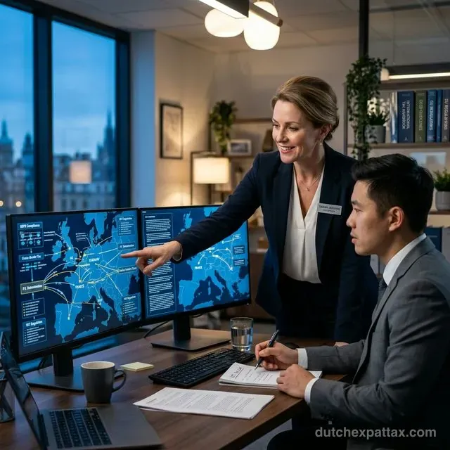 Tax advisor pointing at a dual-screen monitor with European maps explaining international tax law