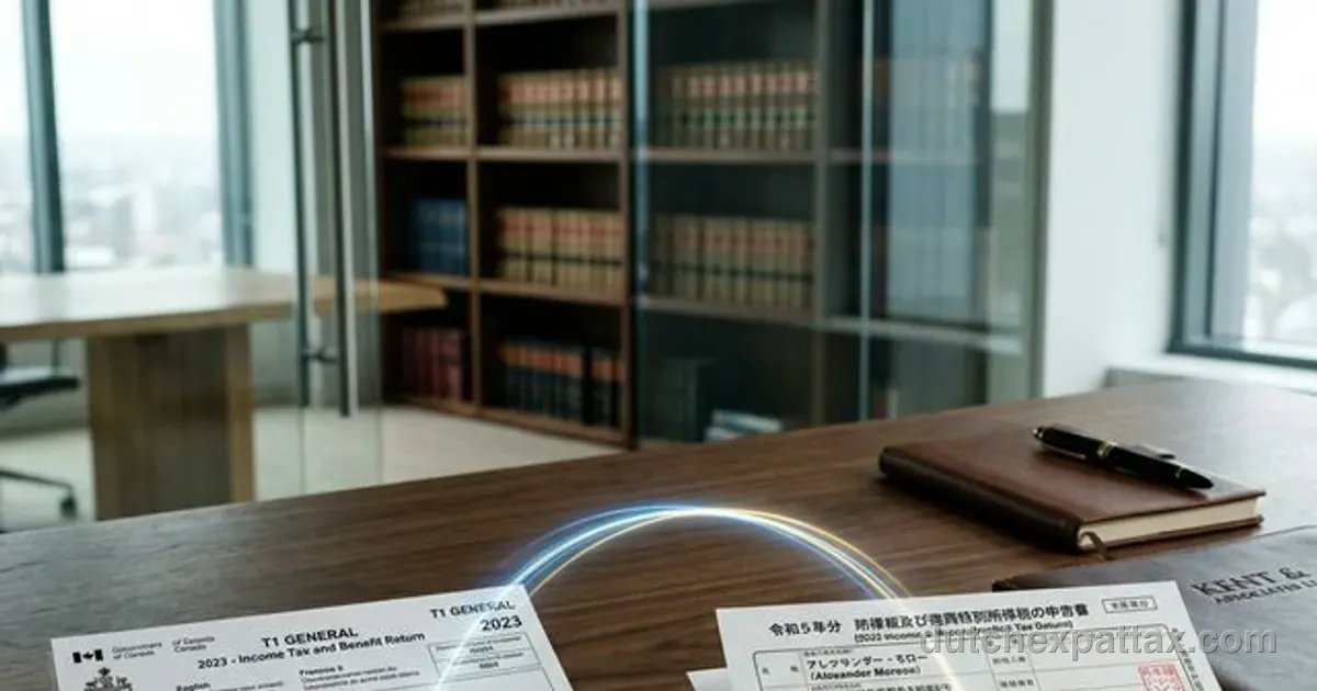 Two international tax documents linked by a glowing digital line on a premium wooden desk