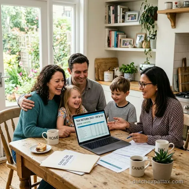 Cheerful expat family at a kitchen table while a tax advisor explains their completed tax return