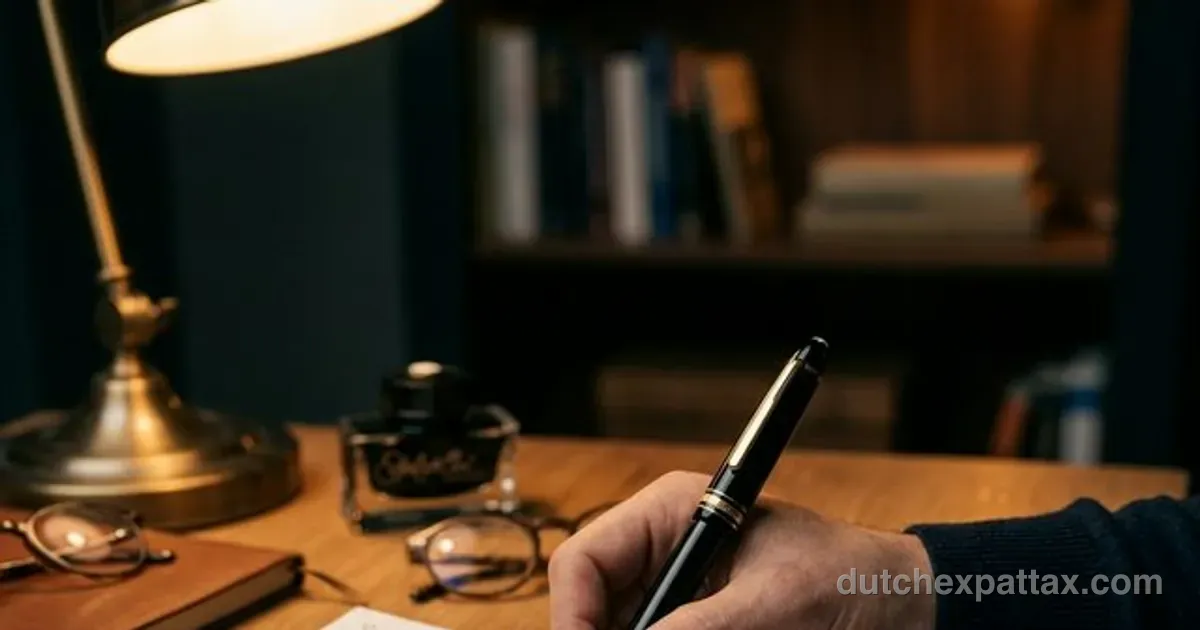 Close-up of hands filling out a Dutch Belastingdienst tax form with a fountain pen