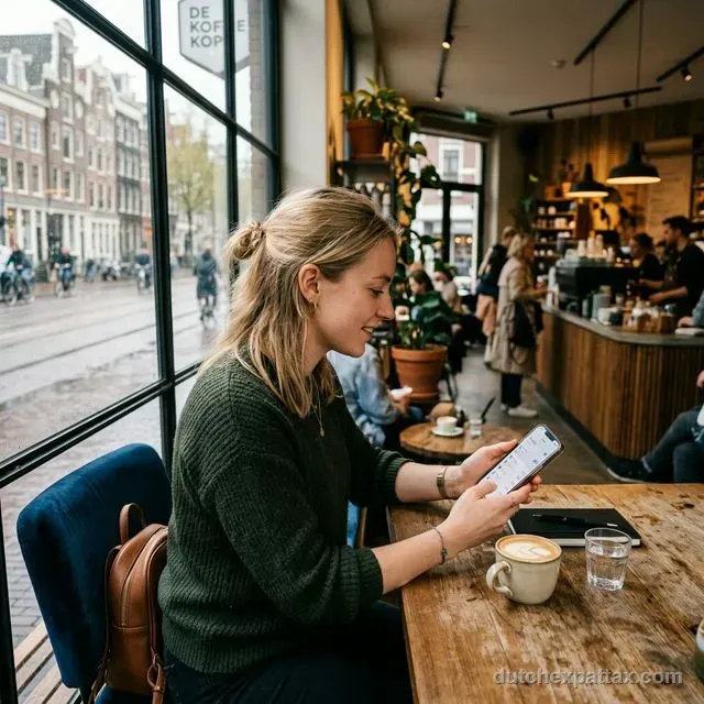 Expat receiving their first Dutch paycheck and reviewing the tax credits shown on a tablet