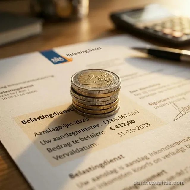 Macro shot of euro coins stacked next to an official Dutch tax assessment calculation