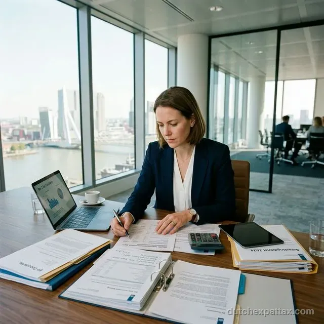 Professional expat entrepreneur analyzing corporate shareholder documents and dividend tax filings at a boardroom table in Rotterdam