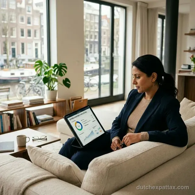 International professional reviewing digital investment portfolio on an iPad representing Dutch Box 3 wealth tax in a sunlit Amsterdam apartment