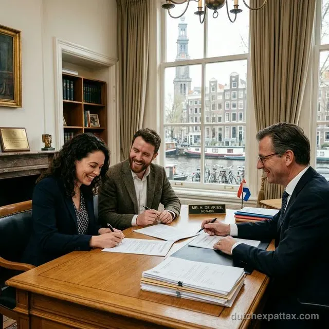 Excited expat couple signing official Dutch mortgage and property transfer documents with a real estate notary overlooking a canal