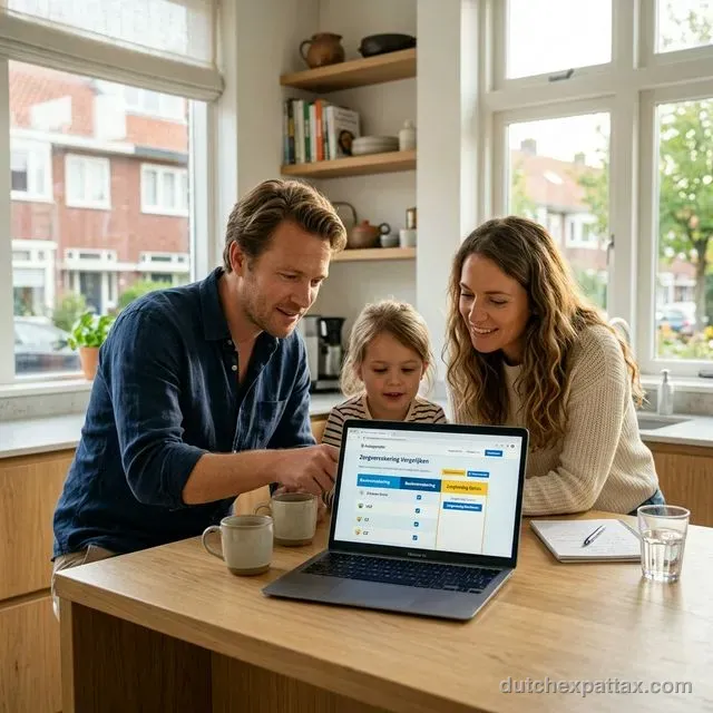 Young expat family casually reviewing Dutch health insurance comparison charts on a laptop in a modern sunlit kitchen