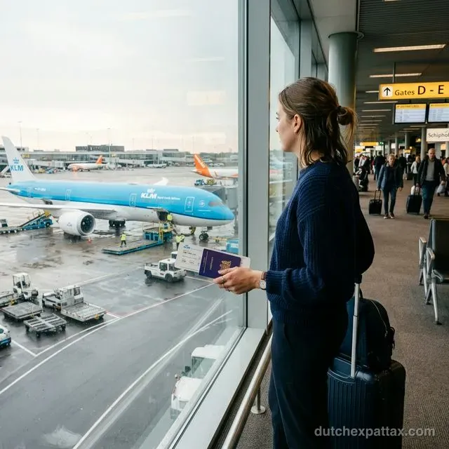 Illustration of leaving the Netherlands showing a traveler with suitcase at an airport departure gate waving goodbye to the Amsterdam skyline