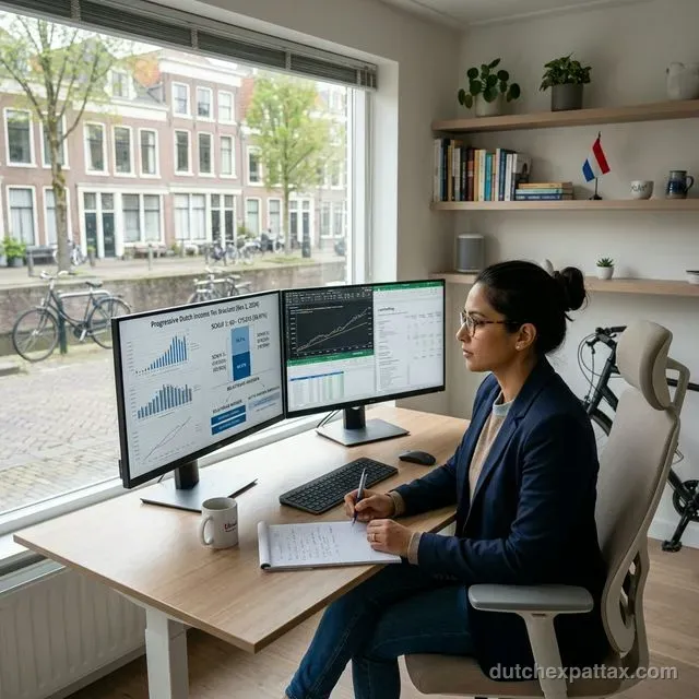 Professional expat analyzing progressive Dutch tax brackets on a dual-monitor setup in a bright Utrecht home office