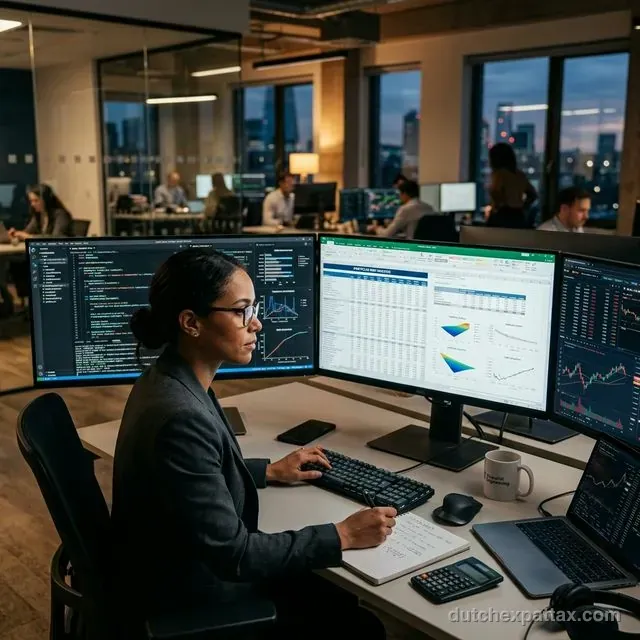 Financial engineer reviewing code and complex analytical spreadsheet data on multiple monitors