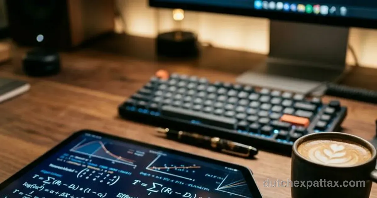 Close-up of complex mathematical tax calculations and algorithms on a glowing digital tablet screen