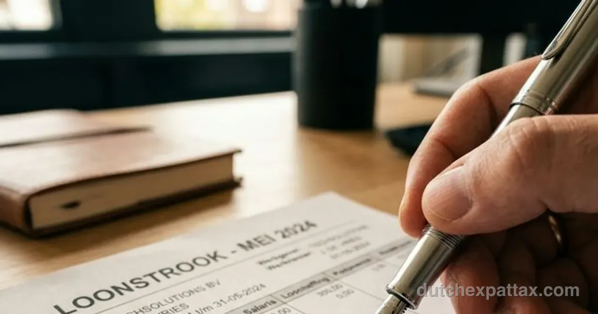 A cinematic macro shot of a printed Dutch payslip resting on an executive desk next to a sleek calculator