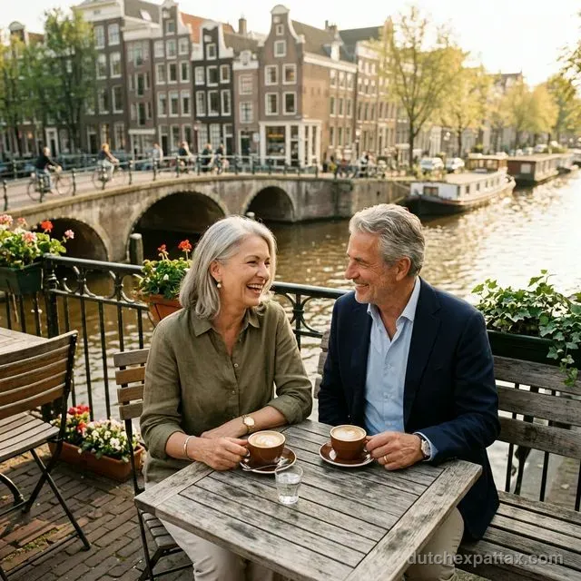 Mature expat couple relaxing on a terrace in Amsterdam