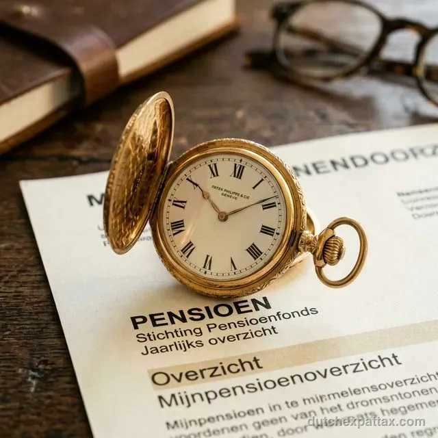 Vintage pocket watch resting on a Dutch pension summary document