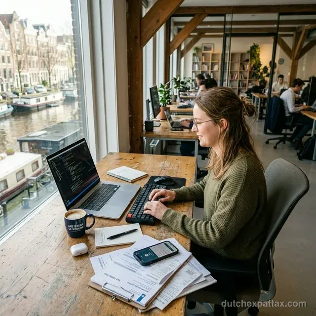 Digital nomad coding in a bright modern Amsterdam co-working space