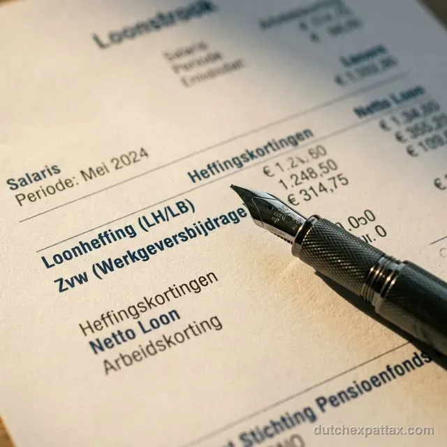 Close-up of a Dutch payslip highlighting the social security deductions with a fine pen