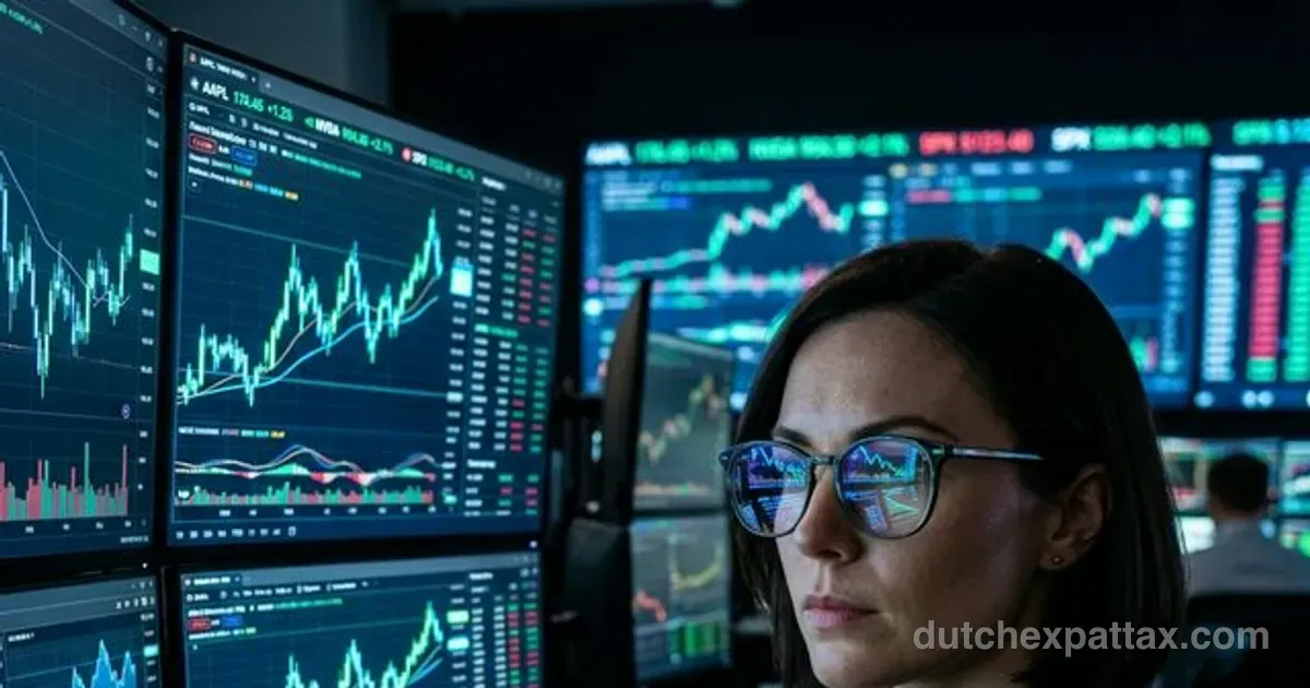 High-end stock market trading dashboard glowing on a curved monitor in a dark office