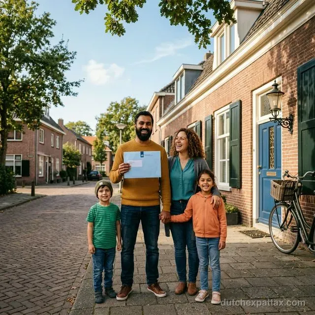 Young family sorting through official blue Belastingdienst envelopes on their kitchen table