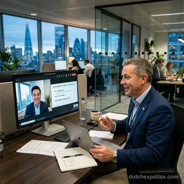 British expat professional on a transatlantic video call in a modern office