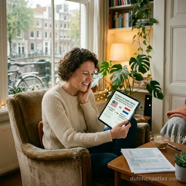 American expat looking at a tax guide on a tablet in an Amsterdam apartment