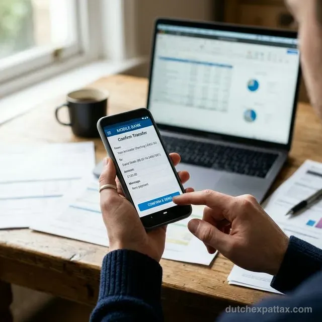 Person checking a financial app on a smartphone to make a year-end transaction