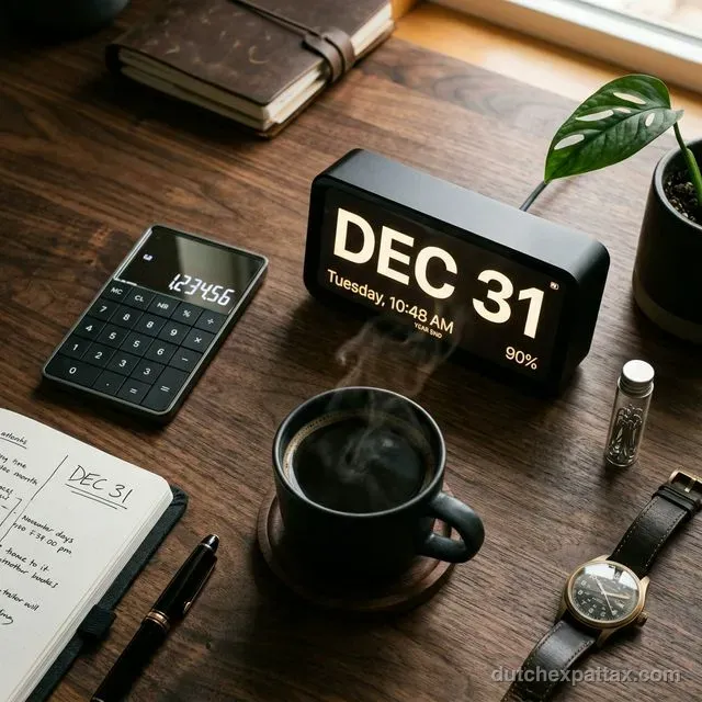 Flat-lay of a dark wood desk with a glowing calendar showing December 31, a calculator, and coffee